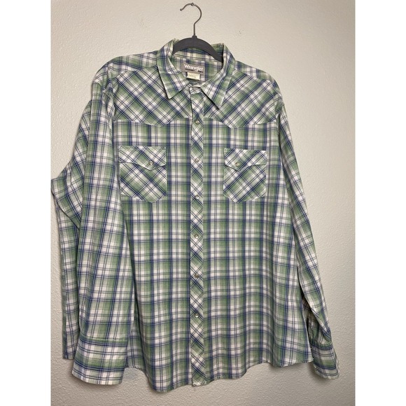 Wrangler Wrancher Pearl Snap Shirt Men 2XL Western Cowboy Green Flannel Plaid - Picture 1 of 6